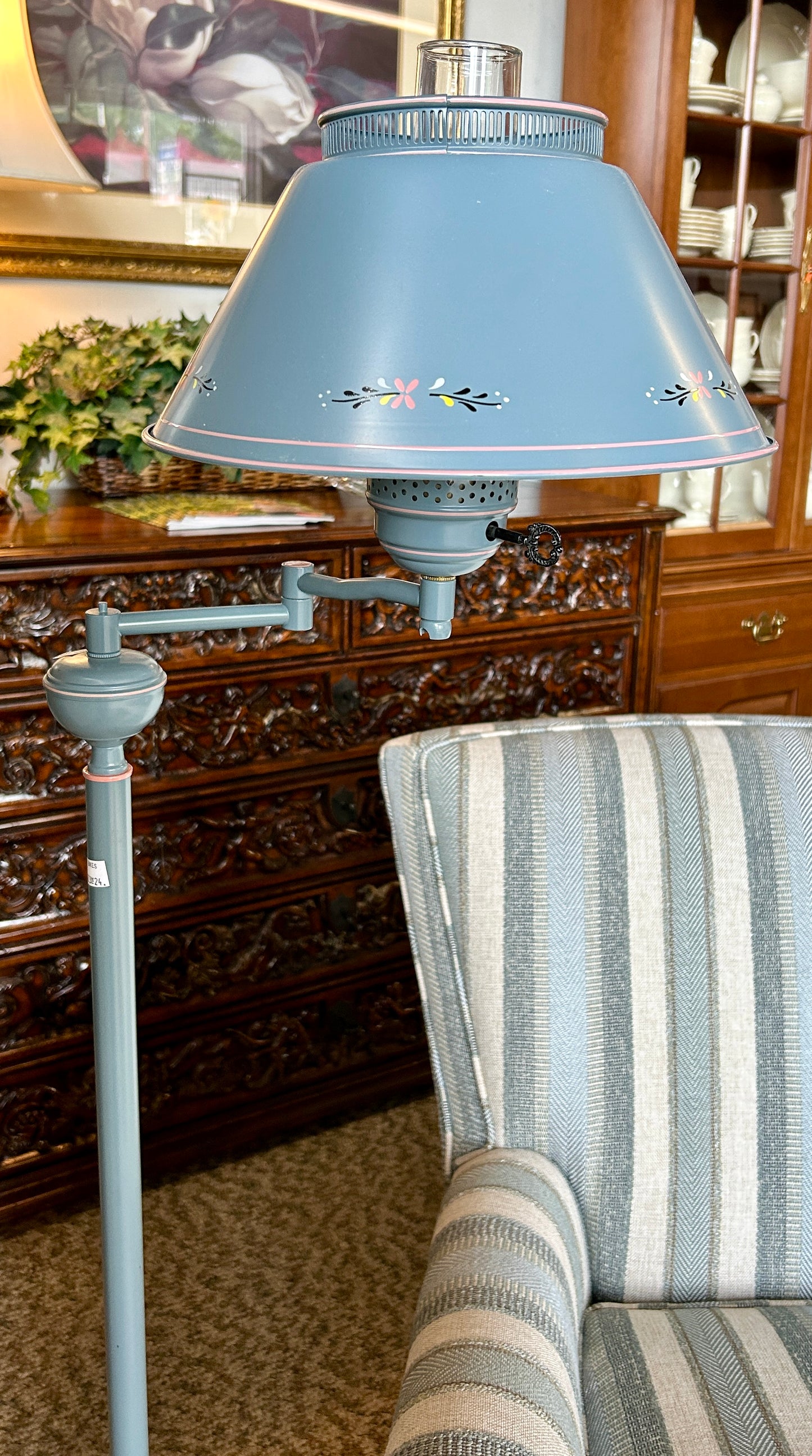 Vintage, Circa 1970's Swivel Arm Floor Lamp with Metal Shade and Hurricane Globe