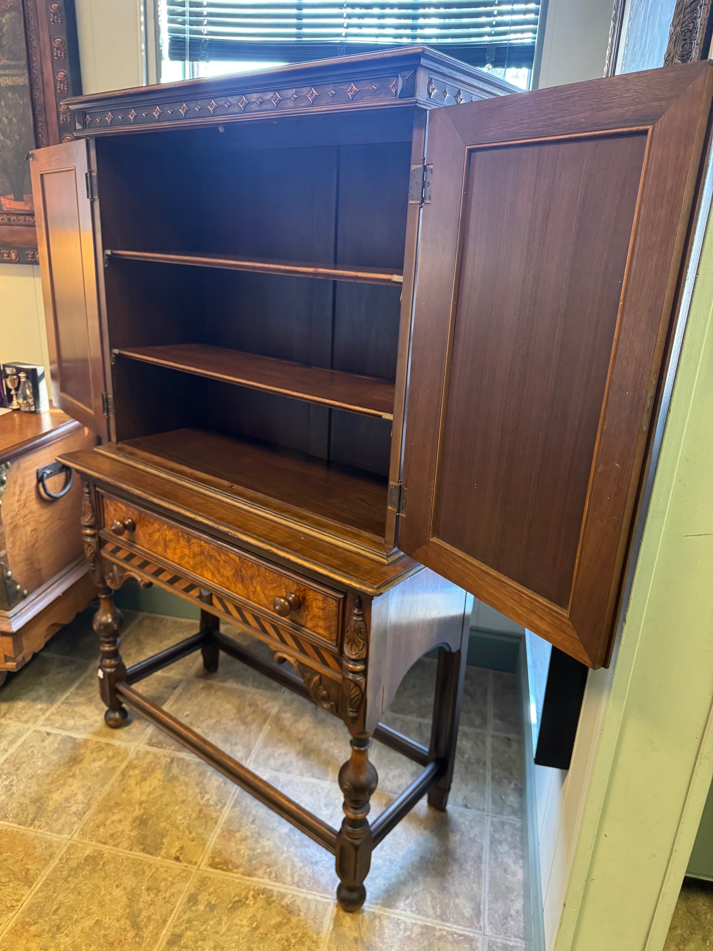 English Jacobean Antique Berkey And Gay Walnut Bookcase Or Bar