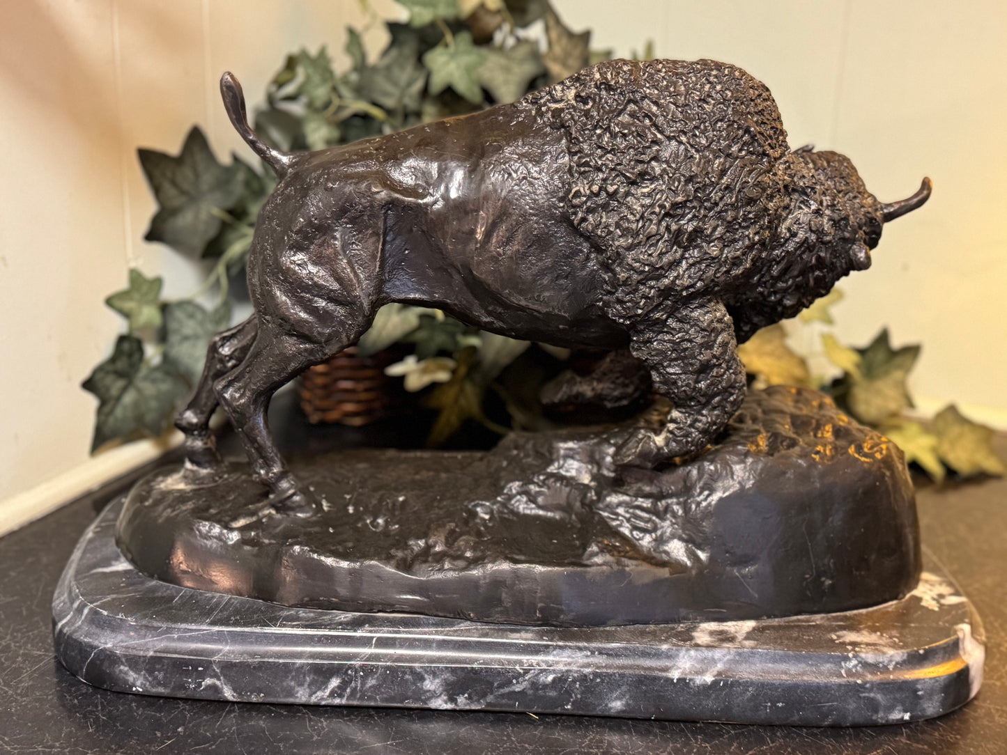 Bronze Sculpture With Marble Base Titled "Buffalo" By Frederic Remington