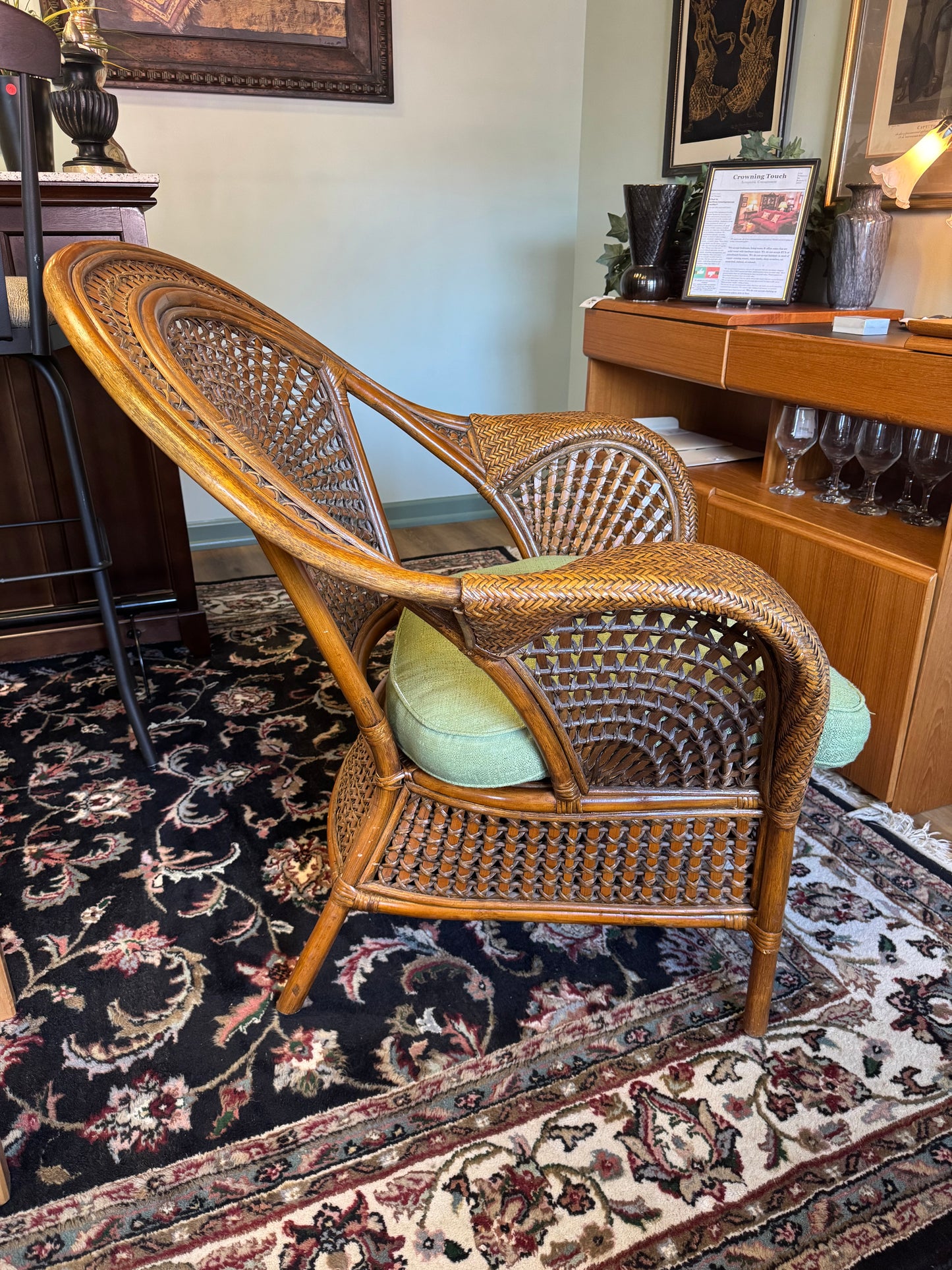 Malibu Rattan Arm Chair With Green Cushion