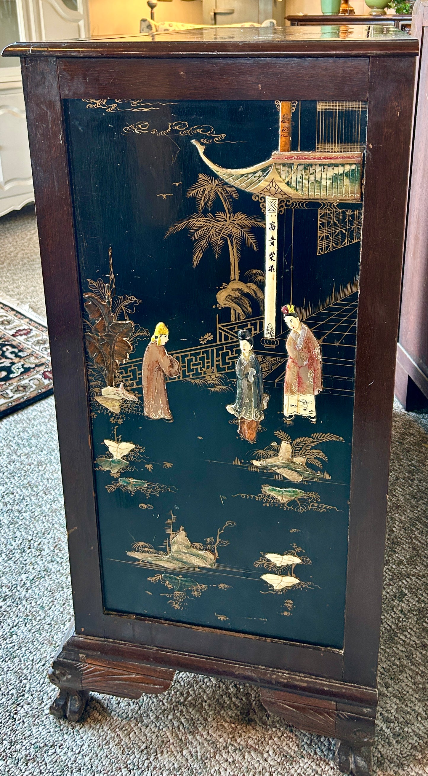 Antique, Oriental Chest Of Drawers, Hand Painted Asian Landscapes w Carved Pulls, 40" Tall Dresser