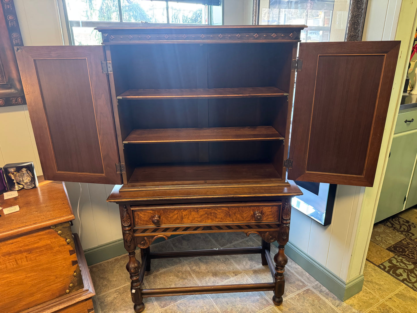 English Jacobean Antique Berkey And Gay Walnut Bookcase Or Bar