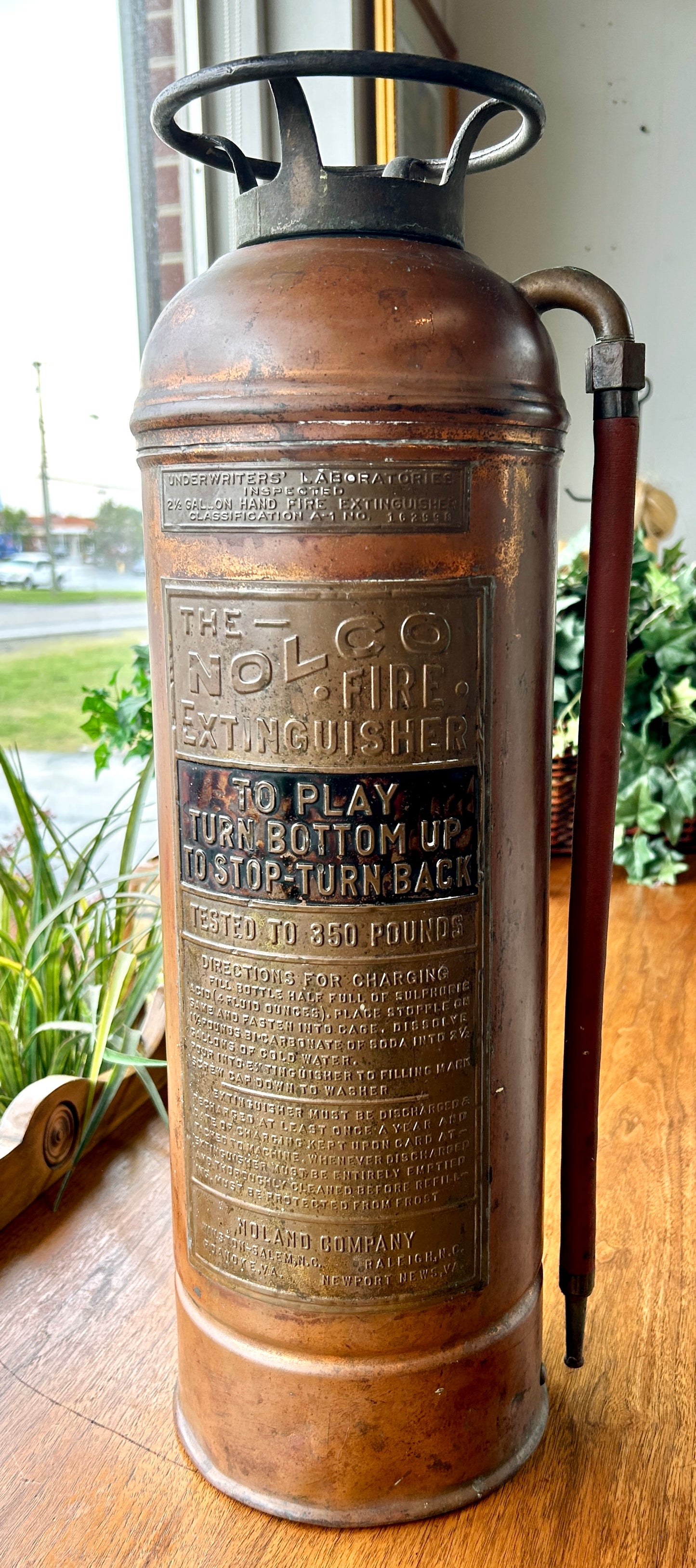 1940's Antique Fire Extinguisher, Copper & Brass The Nolco Fire Extinguisher