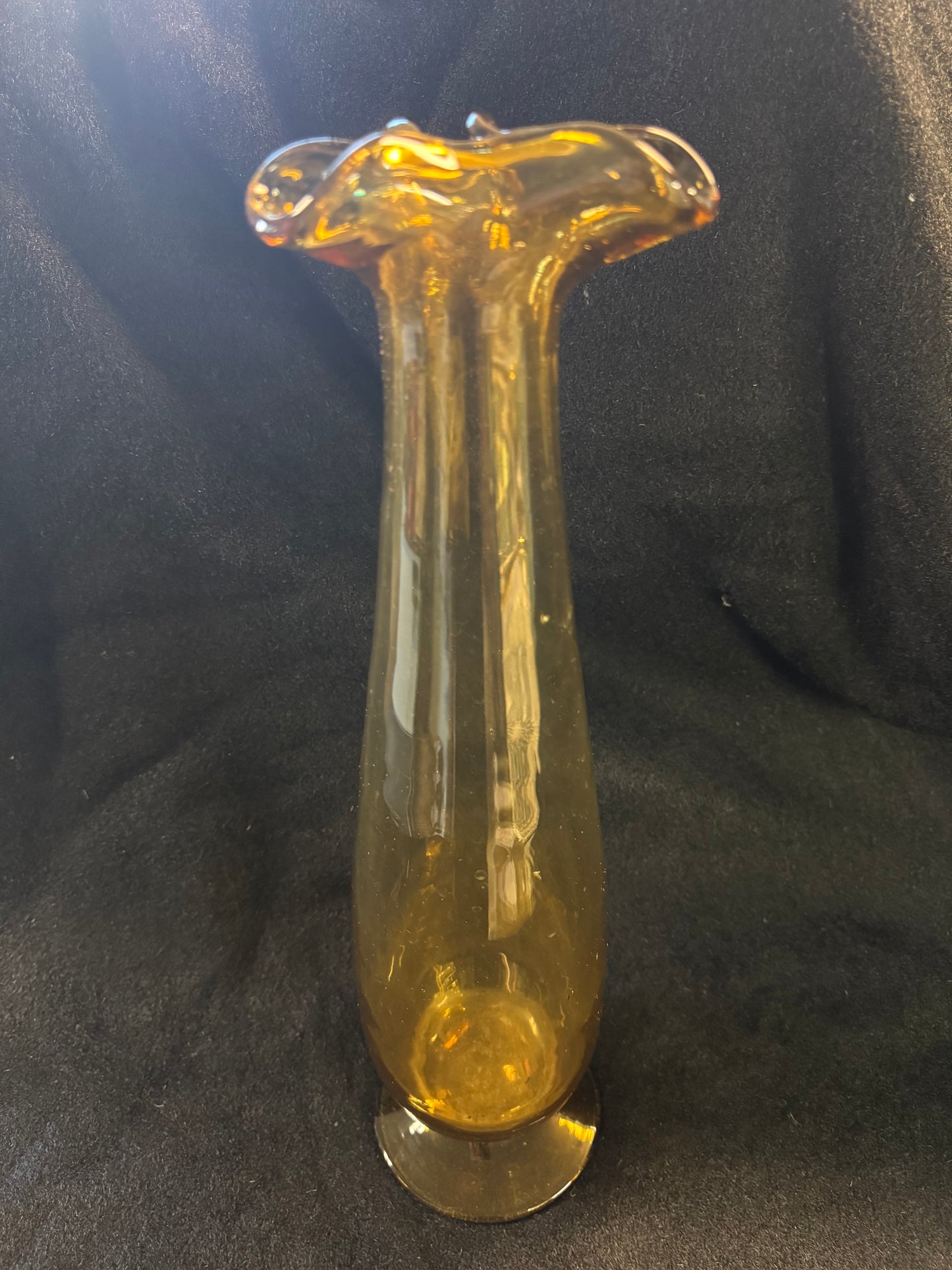 Tall Hand Blown Scallop Edged Amber Glass Vase